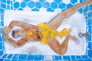 Peinture d'Alvaro Barrington inspiré de la photo de David LaChappelle montrant Tupac allongé dans une baignoire blanche, nu, ses parties intimes recouvertes par des bijoux en or qui contrastent avec le blanc de la baignoire et le bleu des murs de la salle-de-bain.