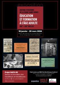 Affiche de l'exposition "Education et formation à l'âge adulte", montrant différentes affiches et photos relatives à des initiatives d'éducation populaire.