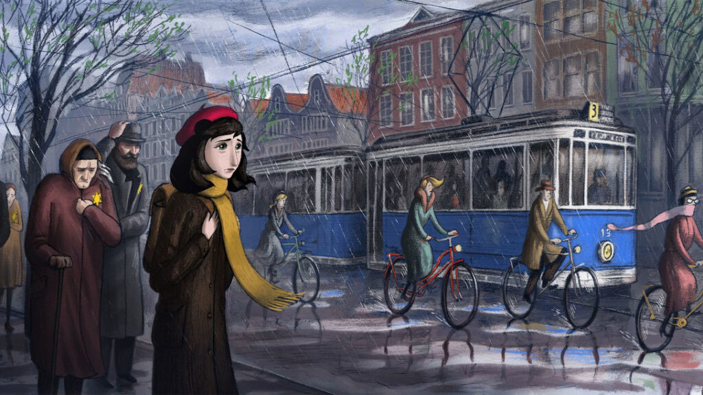 Image extraite du film Photo du film Où est Anne Frank ! d’Ari Folman, où l'on voit , Kitty, la confidente imaginaire d’Anne Franck, marchant sous la pluie dans la rue